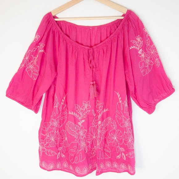 Cato Pink Floral Embroidered Cotton Boho Blouse Top - Picture 1 of 4